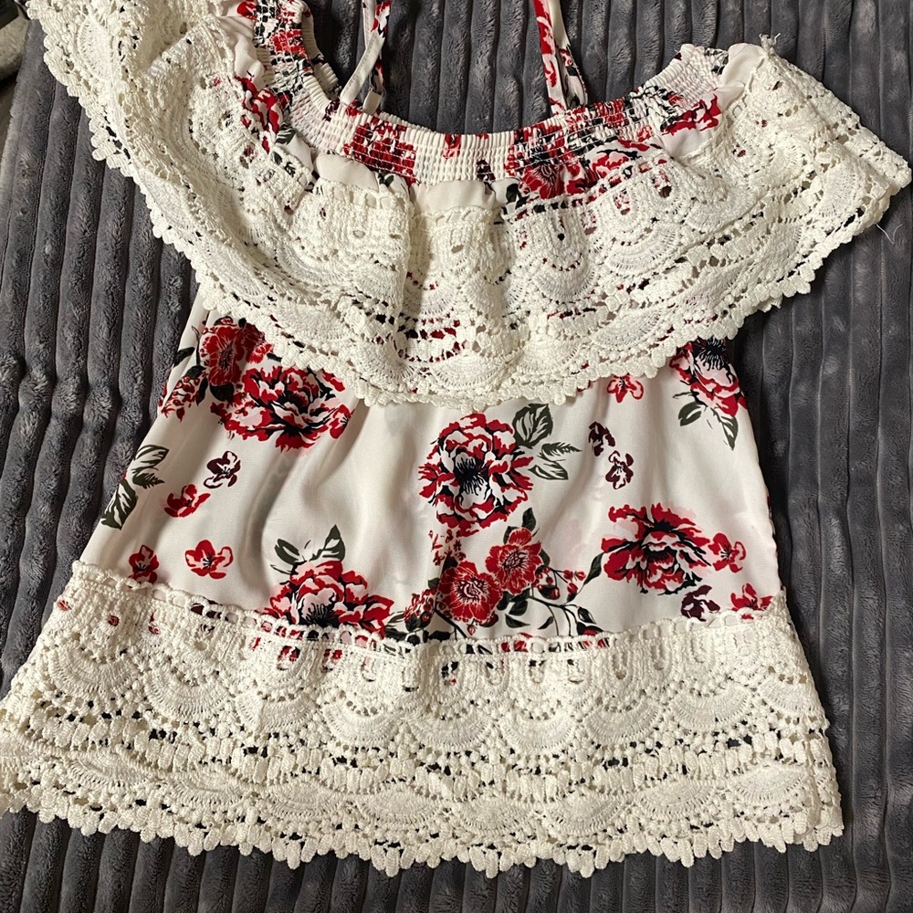 No Boundaries Red Floral Lace Blouse